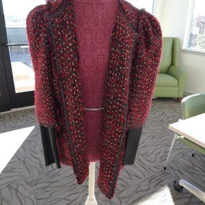 Zara Red & Black Tweed Open Front Blazer With Faux Leather Sleeves Size XL